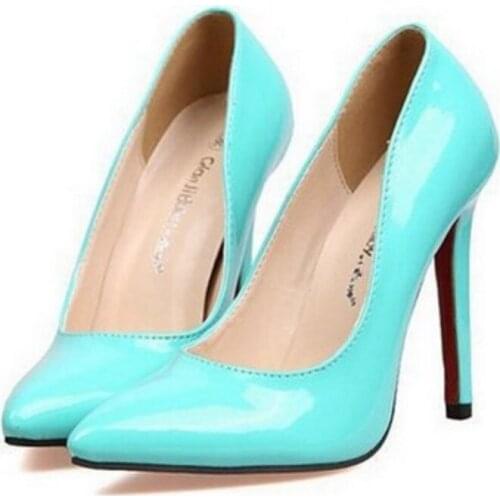 Lady 4.9" Big Size Sexy Pointed Toe Narrow Cover Black Patent Leather Thin High Heeled Single Shoes Women Night Club Dance Pumps