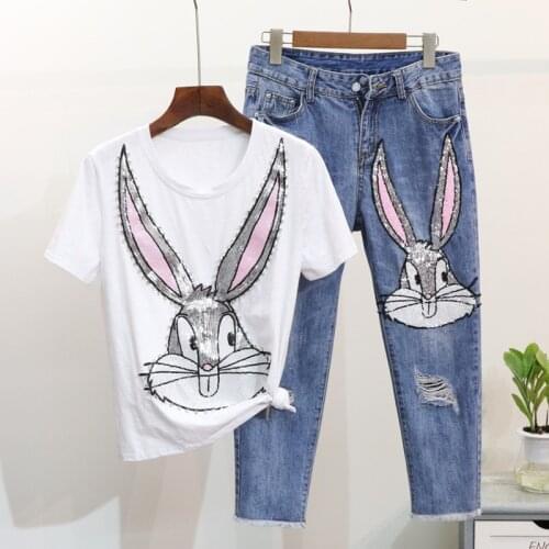 Cowboy Suit Female Summer 2021 New Sequined Cartoon Rabbit Short-sleeved T-shirt + Ripped Cropped Jeans 2-piece Set