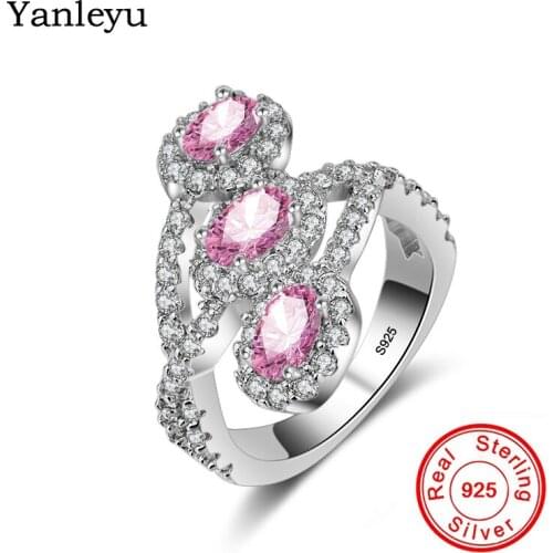 Yanleyu Three Pink Egg Shape Stone Ring 100% Real 925 Sterling Silver Wedding Jewelry Engagement Rings for Women Gift PR227