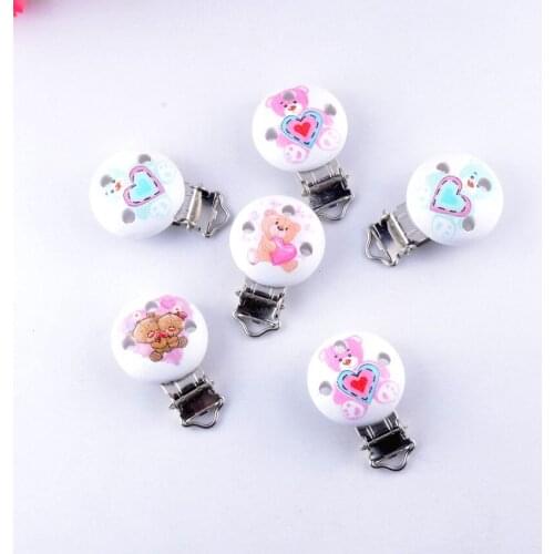 10PCs Baby Pacifier Clips Mixed Pattern Animal White Wood Metal Holders Cute Infant Soother Clasps Funny Accessories 4.4x2.9cm