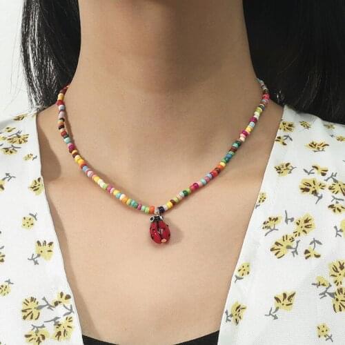 Bohemia Handmade Colorful Beads Ladybug Insect Pendant Personality Necklace Women Fashion Jewelry Neck Chain