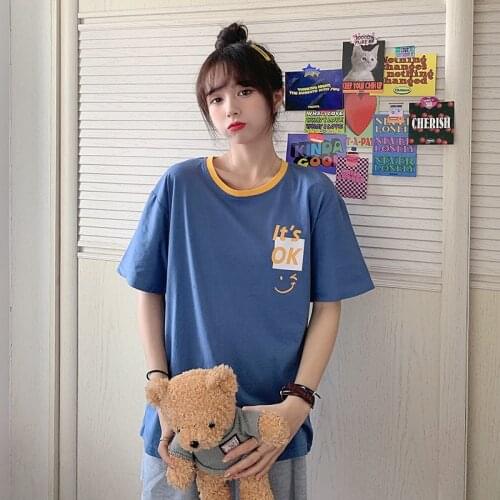 Oversize Korea Womens T-shirt 2021 Summer Short Sleeve Cotton T-Shirts Printed Letter Female Top Pink Base Shirt High Quality