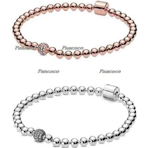 925 Sterling Silver Bracelet Smooth Beads & Pave Crystal Ball Bracelet & Bangle Fit Bead Charm Diy Pandora Jewelry