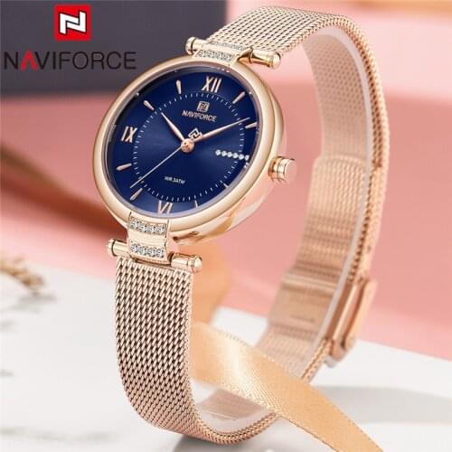 NAVIFORCE Top Luxury Brand Women Watch Rhinestone Quartz Lady Waterproof Wristwatch Rose Gold Stainless Steel Female Clock 5019