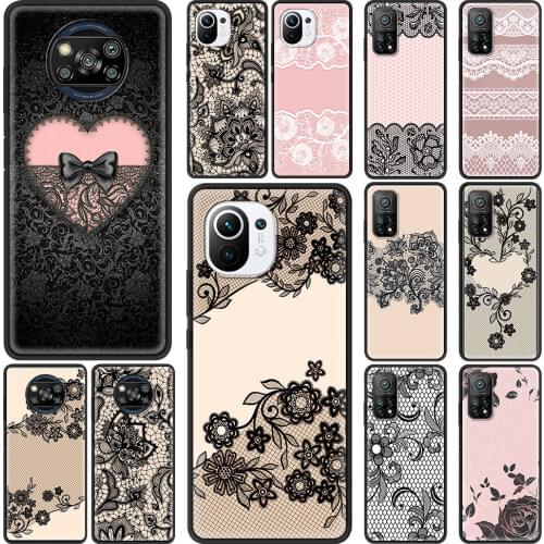 Black Lace Floral Pattern Silicone Phone Case For Xiaomi Mi 11 Ultra 11X 10T Pro 9T Note 10 A2 Lite 5G 10S 11i 8 TPU Back Cover
