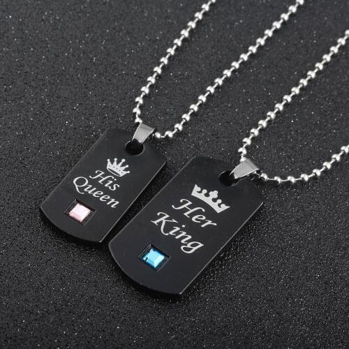 Her King & His Queen Couple Necklaces Lovers Pendant Fashion Crystal Jewelry for Women and Men Gifts