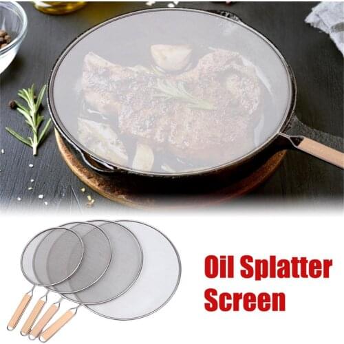 21cm/25cm/29cm/33cm Oil Splatter Screen Stainless Steel Fine Mesh Grease Splatter Guard with Wooden Handle for Frying Pan Tools