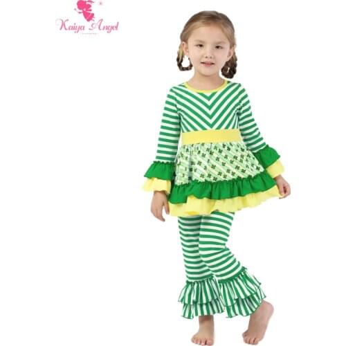 Kaiya Angel 2018 Girls Clothes Green Striped Printed Outfit Suit Christmas Pajamas Children Girls Tracksuits Long Sleeve Stripe