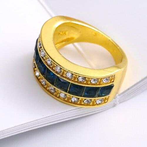 Classic Unisex Bule Square Cubic Zirconia Crystal Gold Color Female Male Ring for Women Men Party Jewelry Accessories