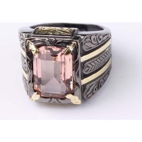 Handmade Mens 925 Silver Pink Morganite 18 K Gold Plated Ring, Handmade Rectangular Pink Ring