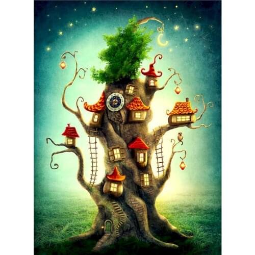 Gatyztory Tree House Diy Painting By Numbers Canvas Colouring Landscape Gift Wall Decor Frame Handpainted 60×75cm