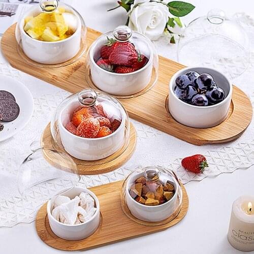 Ceramic Snack Dish Set with Glass Lid Dessert Cake Candy Storage Box Tableware Dinnerware Fruit Container Side Plates Bowl