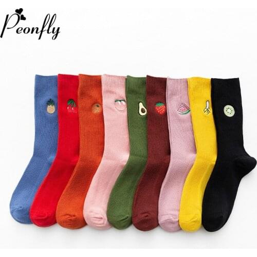 PEONFLY Funny Cute Cartoon Fruit Embroidery Socks Avocado Banana Cherry Girls Kawaii Socks Meias Korean Harajuku Happy Socks