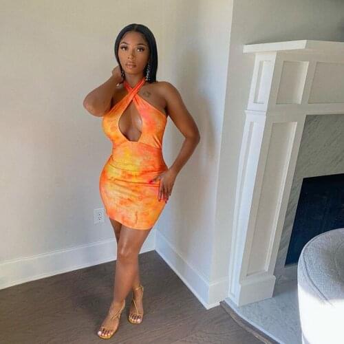 Orange Tie Dye Sexy Criss Cross Halter Dresses for Women 2021 Active Streetwear Skinny Slim Party Backless Mini Dress Summer New