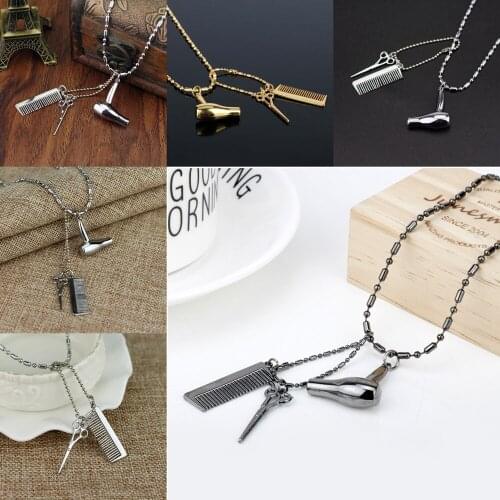 Gold/ Gun Black Color Barber Necklace Hair Dryer Scissors Comb Pendant Necklaces Women Men Best Friends Jewelry Gift Hot