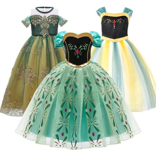Girl Anna Dress Snow Queen Green Short Sleeve Princess Dress Kids Girls Christmas Masquerade Fantasy Christmas Costume