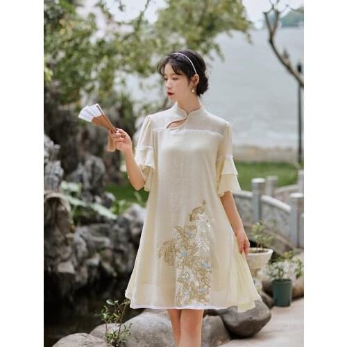 Retro Ladies Embroidered Qipao Improved Sweet Dress Summer Double Flare Sleeves Chic Fashion Robe Femme Cheongsam