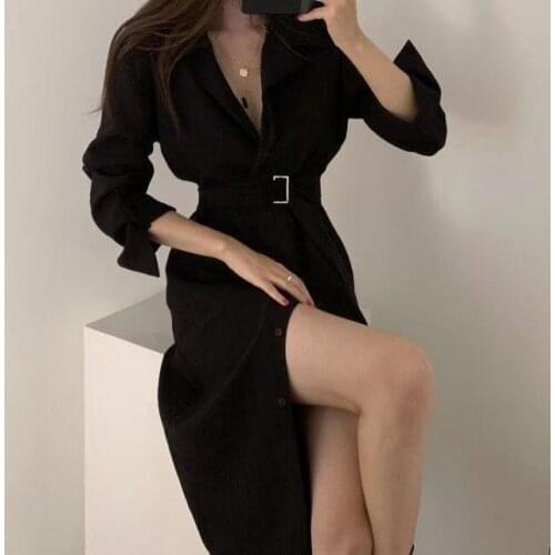 2021 Sexy Spring Autumn Turn-down Collar Long Female Dress Full Sleeve Single-breasted Belted Women Shirt Dress Vestidos Black