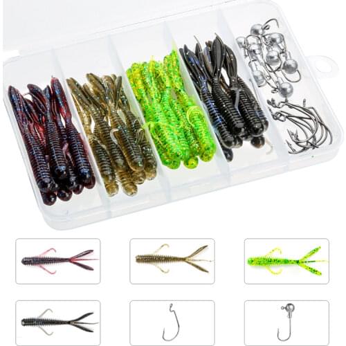DONQL 32PCS Soft Fishing Lure Set Artificial Strong Flshy Smell 70mm 1.5g Silicone Worm Bait Set + 16Pcs Fishhook Bait Tackle
