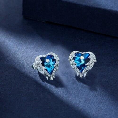 Blue Rhinestone Gem Charm Fashion Love Heart Wing Mysterious Pendants Accessories For Girls Ladies Earring Eardrops Jewelry Gift