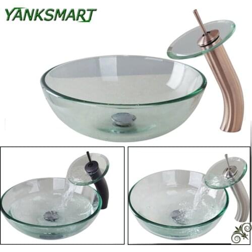 YANKSMART Waterfall Basin Faucet Glass Bowl Bathroom Sink Wash Basin Tempered Mixer Set ORB & Nickel Brushed Mixer Water Faucets