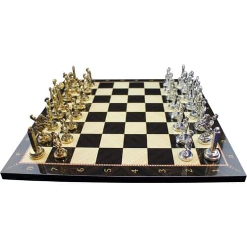 Medium Size Metal Greek Chess set Bright And Walnut Embossed Mdf Wood Chessboard (37x37 Cm.) High Quality Elite Product