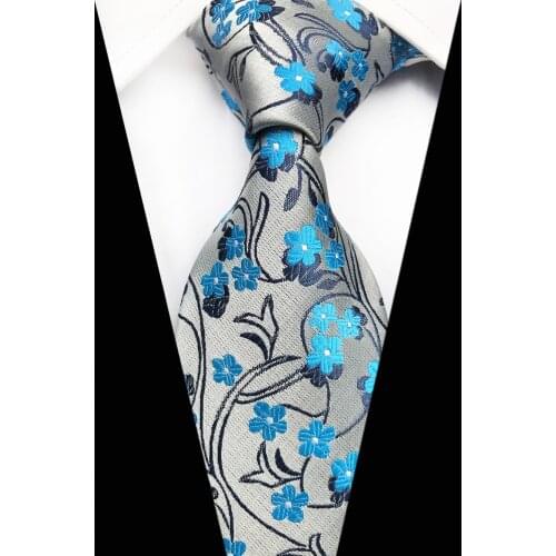 Unique Designer 8cm Men Formal Necktie Elegant Woven Ties Silver with Blue Floral Flowers Pattern Tie
