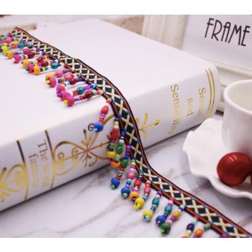 Embroidery ethnic jacquard webbing woven tape wood bead fringe lace trim ribbon 4cm tribal boho DIY zakka accessory native gypsy