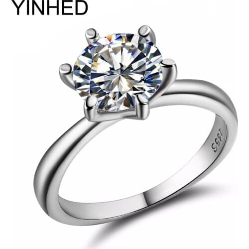 YINHED Classic 6 Claws Wedding Rings for Women Solid 925 Sterling Silver 2 Carat Round CZ Diamant Engagement Ring Jewelry ZR248