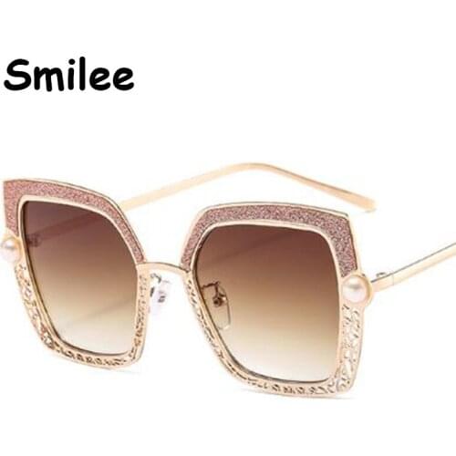 Pearl Oversized Sunglasses Women 2020 Hollow out Vintage Designer Sun Glasses Big Frame Gradient Eyewear Brown Square Shades