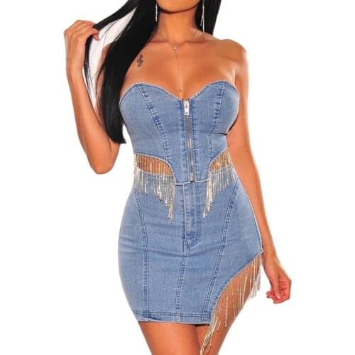 Two Piece Set Women Jeans Tops And Denim Skirt Set Strapless Sleeveless With Tassel Sexy Suit Fashion New Denim Clubwear Outfits