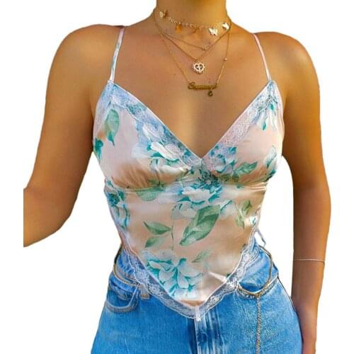 2021 Fashion Floral Print Lace V Neck Camisole Tops Women Sleeveless Backless Lace Up Crop Top Summer Casual Tie Up Tank Top