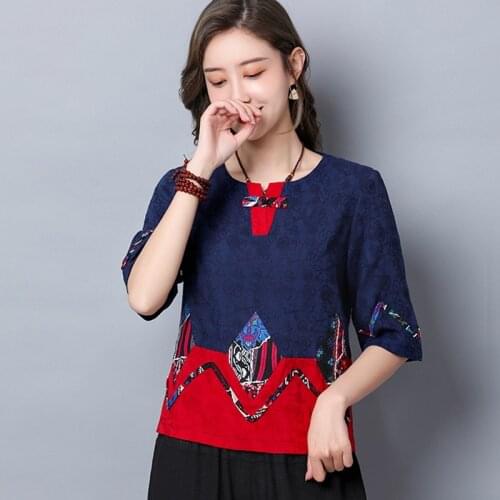 Cotton Linen Women Retro Buckle Cheongsam Top + Harem Wide-Leg Pants Chinese Style Vintage Elegant Lady Print 2 Piece Set 10574
