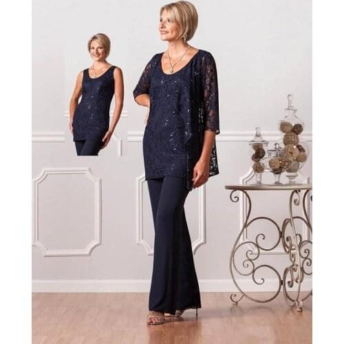 Plus size custom Dark Navy Plus Size Mother Of The Bride Dresses Long Sleeve three pieces Beaded Chiffon Women Prom Party Gowns
