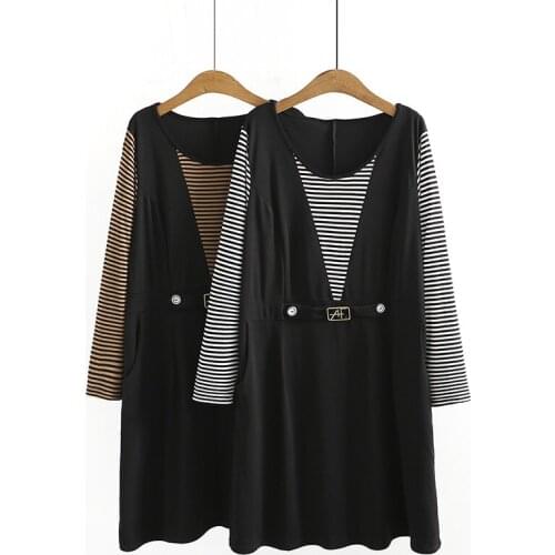Plus Size Long Sleeve Dress In Spring And Autumn For Women 3XL-6XL Round Neck Stripe Splicing Fake Two Large Size Dress Fatlady