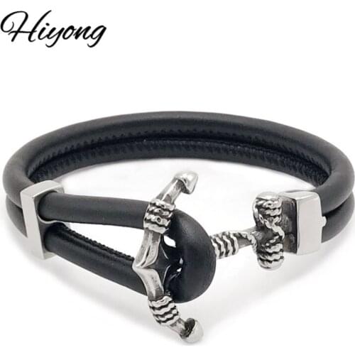 Hiyong Fashion Genuine Leather Stainless Steel Anchor Bracelets Double Layer Trendy Black Bangles Men Bracelet Jewelry For Gifts