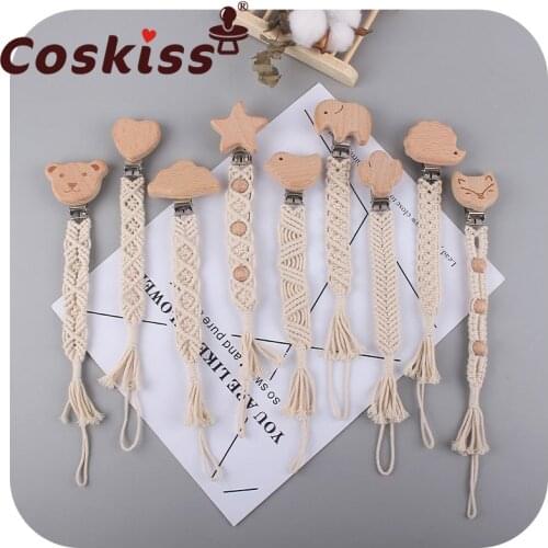 Coskiss Baby Teething Soother Beech Wood Clip Cotton Rope Crochet Pacifier Chain DIY Dummy Nipple Holder Leash Strap