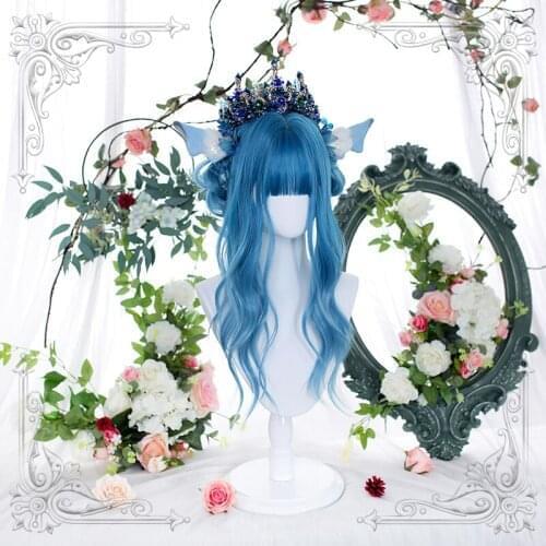 Long Wavy Female Bangs Wig Blue Homochromy Ombre Heat Resistant For Women Wigs Fairy Cosplay Party