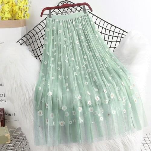 Women Mesh Skirt Daisy Floral High Waist Slim A- Line Knee-length 3-layer Long Pleated
