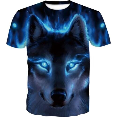 Flame blue T shirt animal wolf 3D Printed tshirt Hip Hop round neck T-shirt Street Vintage Clothing t shirt for men balck shirt
