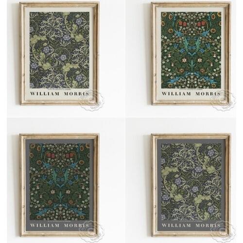 William Morris Exhibition Museum Art Prints Poster, Flora Acanthus Canvas Painting, Navy Blue Fabrics Flowers Pattern Home Decor