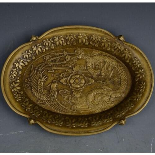Chinese ancient home decoration brass bronze craft collection metal dargon and phoenix statue plate