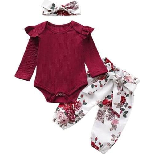 Citgeett New Fall Newborn Baby Girl Long Sleeve Red Romper Jumpsuit Print Pants Headband Floral Outfits Autumn Set