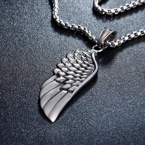 Men Stainless Steel Vintage Gothic Feather Angel Wing Pendants Necklace Silver Color for Men Jewelry