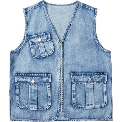 Men Denim Vest New Mens Retro Classic Casual Denim Vest Jacke Fashion Multi-Pocket Vest Coat Male