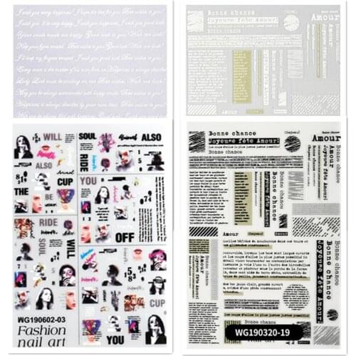 Newest WG0203 Newspaper letter design nail stickers 3d Japan Korea style nail decals self-adhesive DIY decoration tools