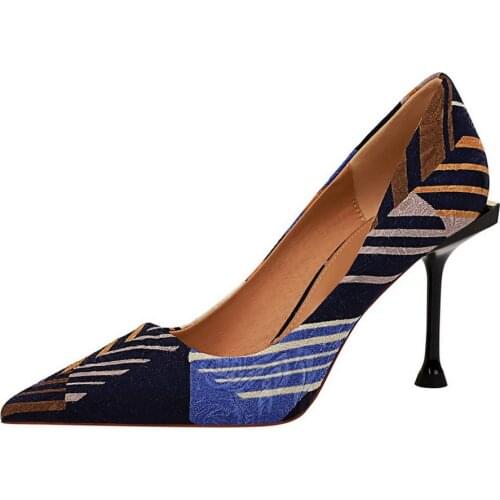 New color-blocking fabric high-heeled shoes stiletto, shallow mouth pointed toe fashion single shoes