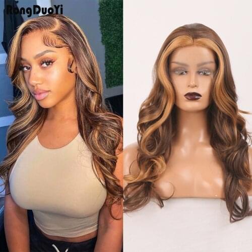Body Wave Lace Wig Ombre Brown Synthetic Wigs for Women Long Hair Highlight Lace Front Wig High Temperature Fiber Cosplay Wigs