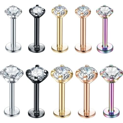 1Pc 4/5mm Round Zircon Labret Tragus Cartilage Piercing 16G Surgical Steel Labret Lip Bar Rings Stud Helix Piercing Body Jewelry