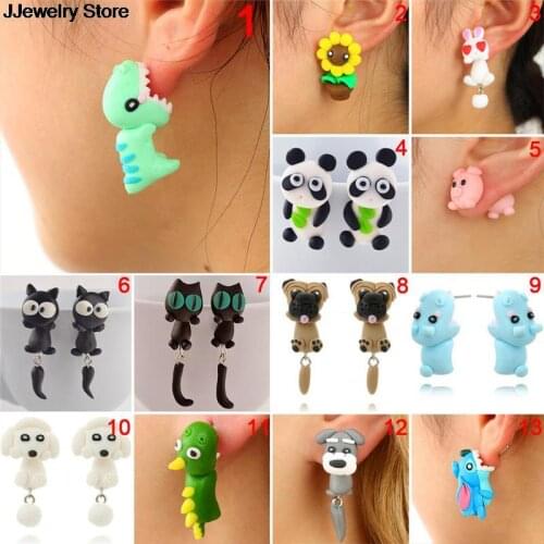 1 Pair Handmade Polymer Clay Animal Stud Earrings For Women Cute 3D Cartoon Colorful Jewelry Lovely Flower Panda Pig Dog Cat